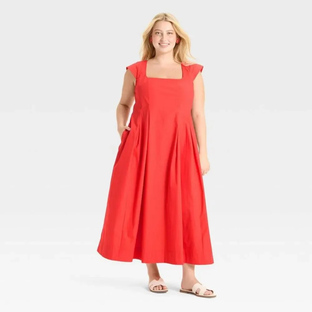Women's Poplin Midi Dress - A New Day Coral 22